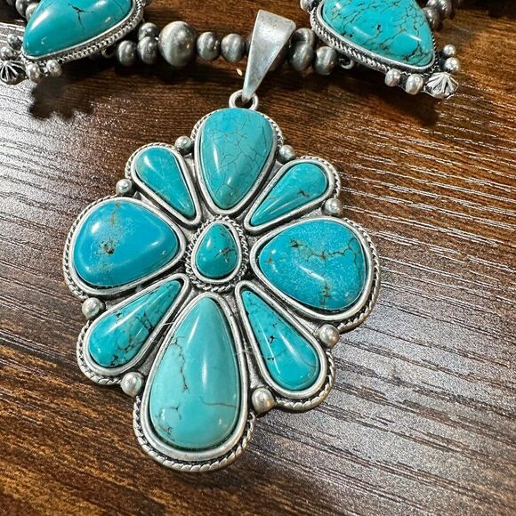 Squash Blossom Turquoise Necklace, Southwestern Cowgirl Necklace, Ships in Gift - Picture 3 of 9